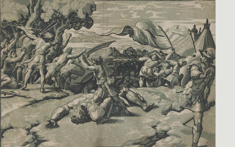 Berdasarkan desain Raphael, "David Slaying Goliath" (1520-1527) karya Ugo da Carpi adalah salah satu contoh potongan kayu pertama dalam "terang dan gelap" (chiaro et scuro), atau chiaroscuro. -Dok. BBC.