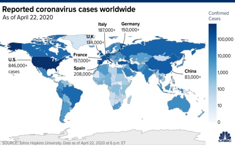 Data perkembangan virus Corona di dunia per 22 April 2020. -Dok. CNBC.