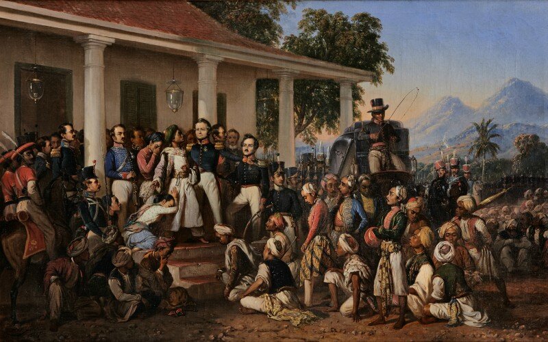 Lukisan Raden Saleh tentang penangkapan Diponegoro (1957) dengan visi yang berbeda dengan lukisan Nicolaas Pieneman (1835). Yang satu dengan visi perlawanan, satunya lagi penyerahan, serta jeda tahun pembuatan yang jauh. -Dok. commons.wikimedia.org.