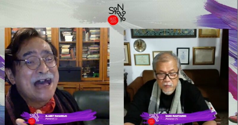 Aktor kawakan Slamet Rahardjo dan Nano Riantiarno membacakan naskah "Ditunggu Dogot" karya Sapardi Djoko Damono. -Dok. Sontoloyo Fest 2020/Youtube.