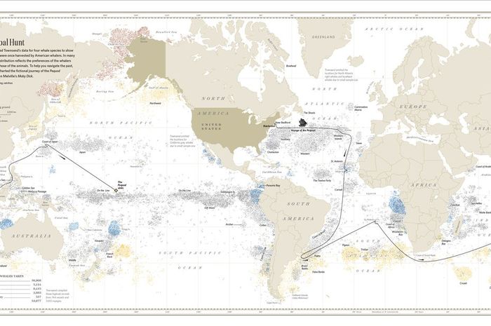 Setiap titik di peta ini mewakili lokasi paus yang diburu pada abad ke-18 dan ke-19.