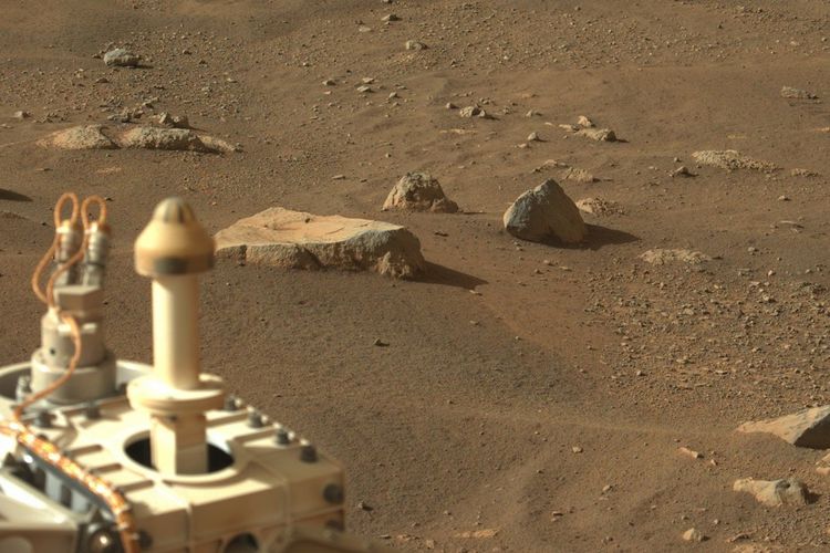 Gambar permukaan Mars ini diambil dari Robot Rover Pengawas NASA.  Robot yang rajin melakukan eksplorasi pertama di permukaan planet merah.