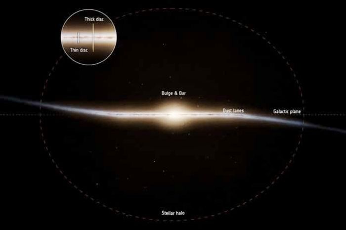 Struktur dasar galaksi rumah kita, tampilan tepi.  Dari bilah Hasil, Gaia ESA melakukan pengintaian terhadap seluruh Bimasakti, khususnya evolusi yang disbut kakram tebal.