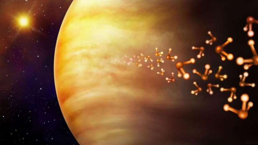 Ilustrasi planet Venus dan molekul fosfin, terpiri dari satu fosfor dan atom hidrogen.  Phosfin adalah sebagi bioindikator, yang merupakan indikator aktif biologi.  Kredit: Danielle Futselaar
