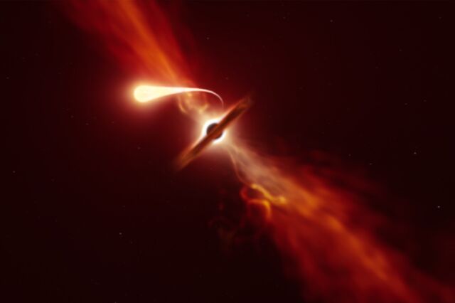 Kesan artis tentang bintang secara bertahap terdistorsi oleh tarikan gravitasi yang kuat dari lubang hitam supermasif.