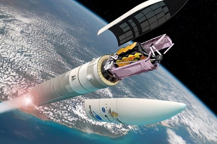 Ilustrasi Teleskop Luar Angkasa James Webb yang dilipat menjadi roket Ariane 5.