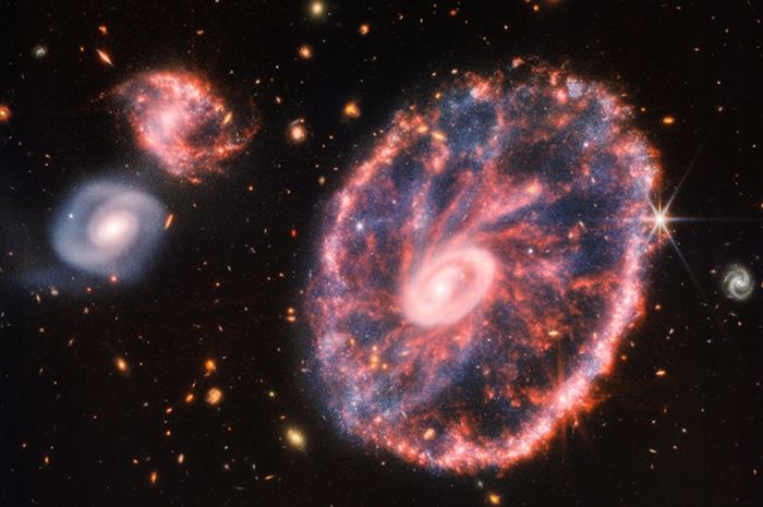 The Cartwheel Constellation adalah roda berbintik merah muda besar, oval bagian dalam kecil dengan debu biru di sebelah kanan, dua galaksi spiral yang lebih kecil dengan ukuran yang sama di sebelah kiri dengan latar belakang hitam.